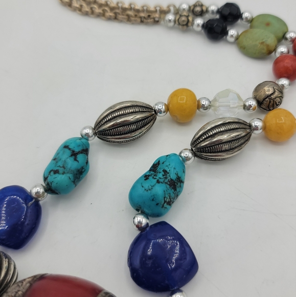 Chunky Beaded Necklace Copal Amber Turquoise Jasper Coral Mixed Metals Vintage - Picture 2 of 15